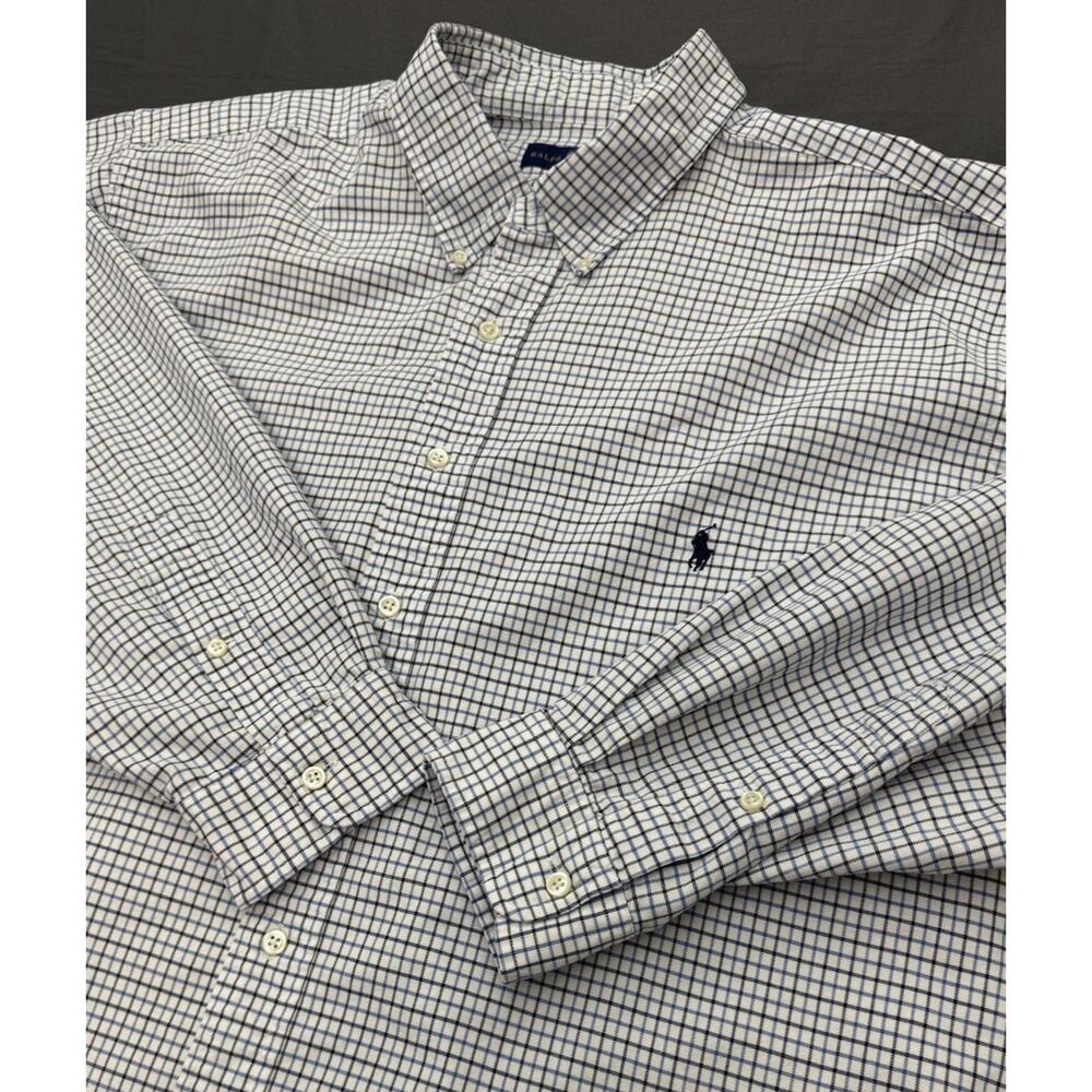 Ralph Lauren Men’s 3XB White Blue Check Button Down Shirt Blue Pony Logo